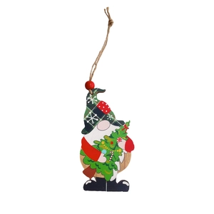 Detail of wooden Christmas gnome ornament with red plaid hat and rustic jute twine