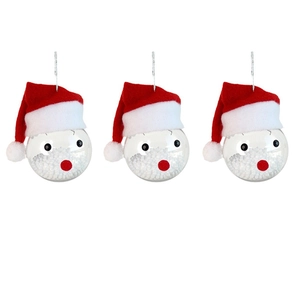 Three clear Christmas ball ornaments with Santa hats and snowy foam filler