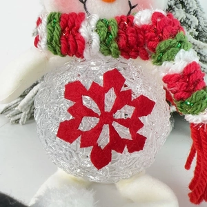 Close-up of plush Christmas snowman with knitted scarf and transparent snowflake ball
