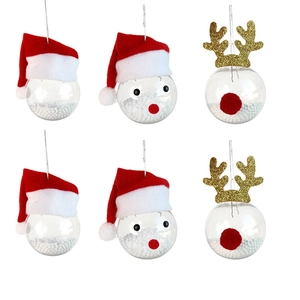 Detailed view of clear Christmas ornaments set with Santa hats and reindeer motifs