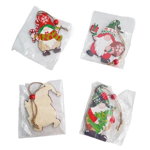 Detail showing set of four wooden Christmas gnomes with colorful paint and twine hangers