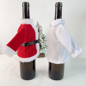 Christmas red and white plush wine bottle covers with Santa coats and hats for table decor