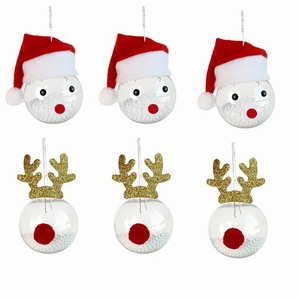 6pcs set of Christmas clear ornaments featuring snowman and reindeer with snow filling