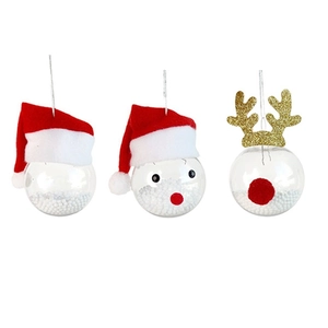 Set of 3 clear Christmas baubles with Santa hat, deer antlers and foam snow filling