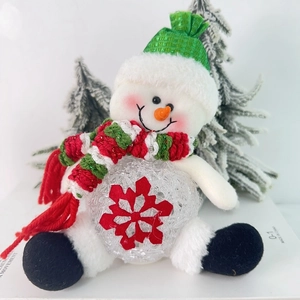 Christmas snowman plush doll with LED lights and green hat for holiday table decoration