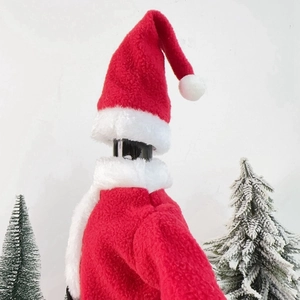 Detailed close-up of a festive Christmas wine bottle set with a plush red hat and coat