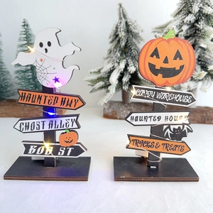 Halloween Wooden LED Light Signpost Ornament Pumpkin Ghost Haunted House Decorative Desk Night Light For Party Home Decor