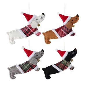 Detail of four felt dachshund Christmas ornaments with festive hats and small bells