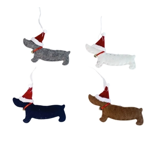 Set of 4 Christmas felt dachshund ornaments with red hats and bells on white background