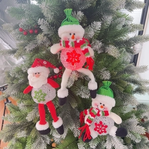 Close-up of LED Christmas ornaments featuring Santa and Snowman hanging on a tree