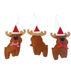 Lot de trois ornements de rennes en feutrine marron pour sapin avec petits chapeaux rouges