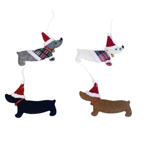 Set of 4 cute felt Christmas dachshund dog ornaments with Santa hats and golden bells