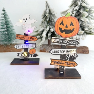 Halloween wooden LED signpost decor with pumpkin and ghost icons for festive parties