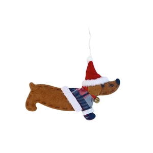 Detail of felt dachshund ornament featuring a red Christmas hat and plaid sweater texture