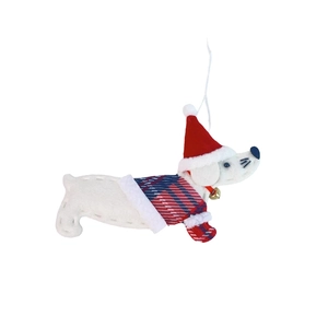 Detail of Christmas dachshund felt ornament with red hat, sweater and gold bell