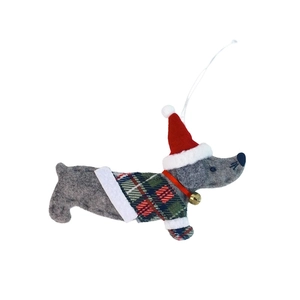 Detail of felt dachshund ornament wearing a plaid sweater and mini Christmas hat