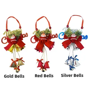 Three Christmas bell ornaments in gold, red, and silver with Merry Christmas lettering