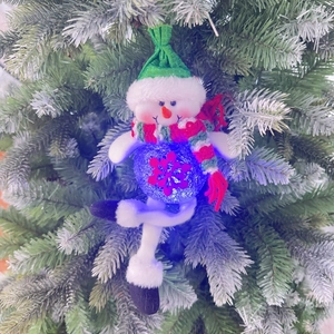 Detail of hanging Christmas snowman plush ornament with blue sequin ball and LED lights