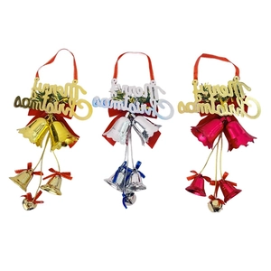Christmas bell ornaments set with gold silver and red finishes and Merry Christmas bows