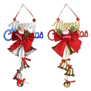 Merry Christmas hanging ornaments with Santa Claus, red bowknot and festive bells