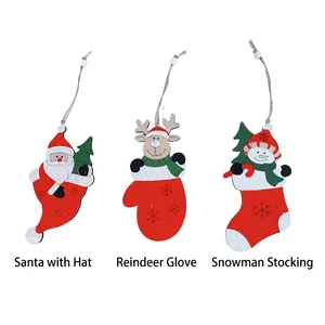 Three-piece set of wooden Christmas tree ornaments with Santa, Reindeer and Snowman patterns