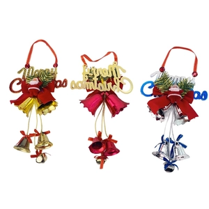 Three Christmas bell ornaments with Merry Christmas signs, Santa Claus dolls and pine needles