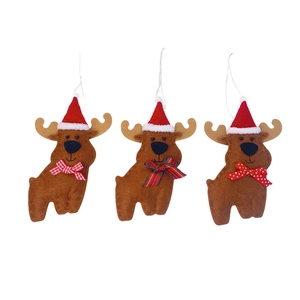 Trois rennes de Noël en feutrine marron avec bonnets rouges et nœuds colorés