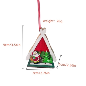 Detail view of a 9cm wooden Christmas cabin ornament with Santa Claus and dimensions