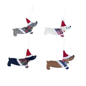 Set of four colorful dachshund Christmas felt ornaments with plaid coats and bells