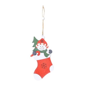 Detailed laser-cut wooden snowman in Christmas stocking ornament with twine hanger