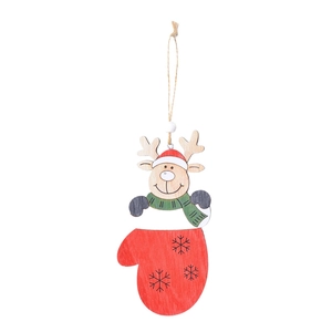 Detail of wooden reindeer ornament with red gloves and striped scarf for Christmas tree
