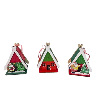 Set of three wooden Christmas house ornaments featuring Santa Claus and tree designs