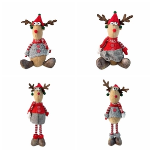 Christmas reindeer plush ornaments set with striped legs and knit hats for holiday decor