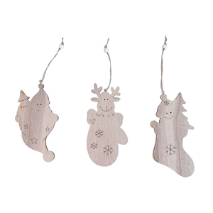 Detailed laser-cut wooden Christmas ornaments set featuring Santa, Reindeer and Snowman