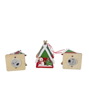 Lighted wooden Christmas cabin ornaments with snowman designs and hanging silk ribbons