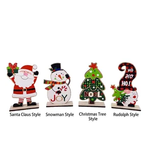 Set of 4 Christmas wooden tabletop ornaments with Santa Claus Snowman and Reindeer