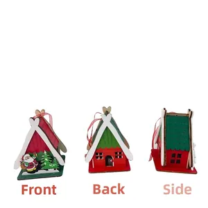 Front, back, and side views of a wooden Christmas cabin ornament with Santa and tree patterns