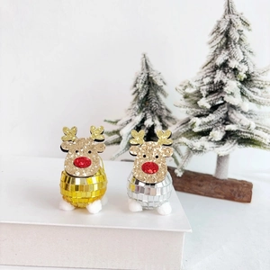 Disco ball reindeer Christmas tree ornaments in gold and silver with red nose and glitter
