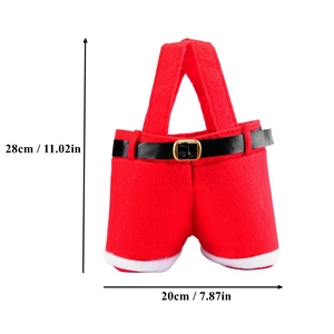 Detailed view of red felt Santa pants gift bag with black belt and size dimensions