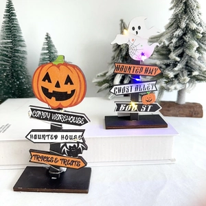 Halloween wooden LED tabletop decorations with pumpkin and ghost signposts for festive decor
