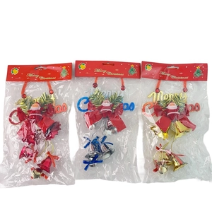 Detailed view of 3-piece Santa Claus bell pendants set with Merry Christmas glitter signs