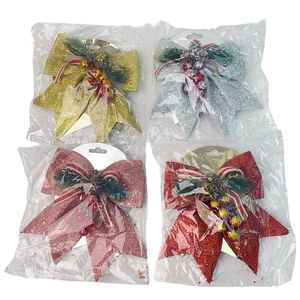 Set of 4 glitter Christmas bows with pine cones and berries for festive tree decoration