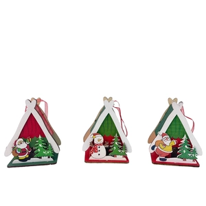 Set of 3 illuminated Christmas wooden house ornaments with Santa Claus and Snowman figures