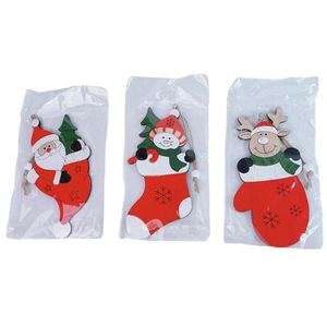 Three hand-painted wooden Christmas pendants showing Santa, Snowman and Reindeer in plastic wrap