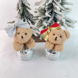 Christmas disco ball teddy bear ornaments with glitter bows and festive mirror details