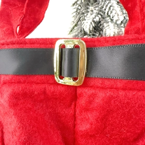 Close-up of red felt Christmas gift bag featuring a Santa belt with a gold buckle