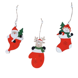 Wooden Christmas tree ornaments set with Santa Reindeer and Snowman painted characters