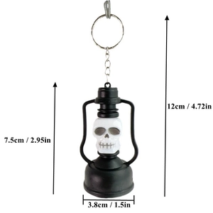 Detailed size chart of skeleton lantern keychain showing 12cm height and 3.8cm width
