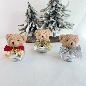 Three-piece teddy bear disco ball ornaments with shiny bows for Christmas tabletop decor