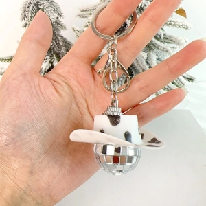 Portachiavi con Cappello da Cowboy e Sfera da Discoteca Con Mini Cappello Stampa Mucca Sfera Specchiata Ornamento Appeso per Decorazione Auto Festa Regalo